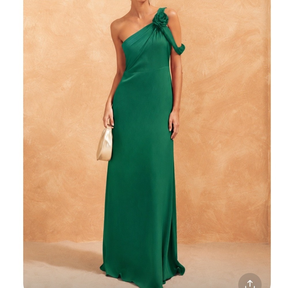 Lady Pipa Rosae Verde Green One Shoulder Rosette Maxi Dress Wedding Small NEW